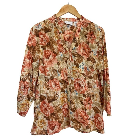 Alfred Dunner 100% Cotton Floral Gauze Style Sheer Button Up Shirt Size 10/L - Picture 2 of 9